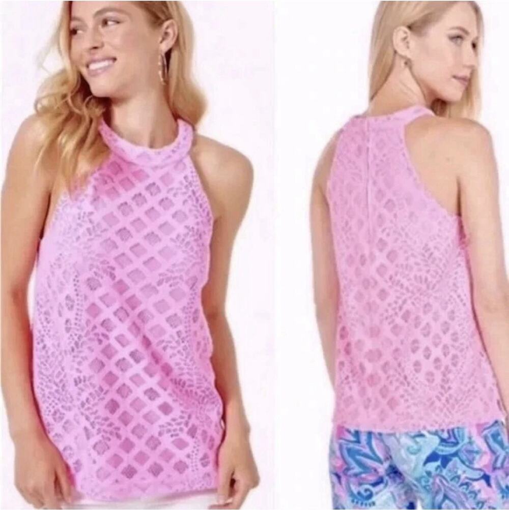 Lilly Pulitzer Rayanne Halter Top XL Pink Pineapple Lace Lined Beach Tropical